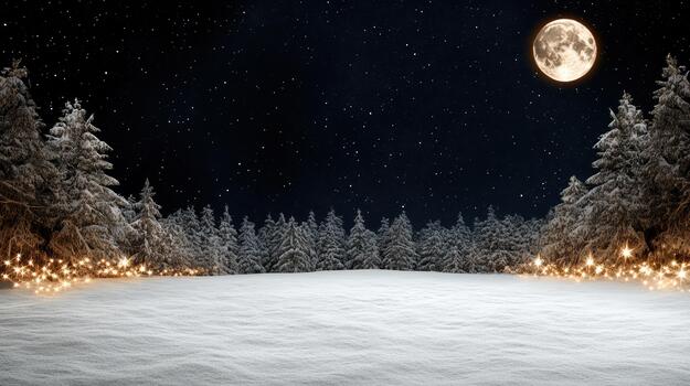 Snowy moonlit forest clearing with sparkling lights and starry sky photo