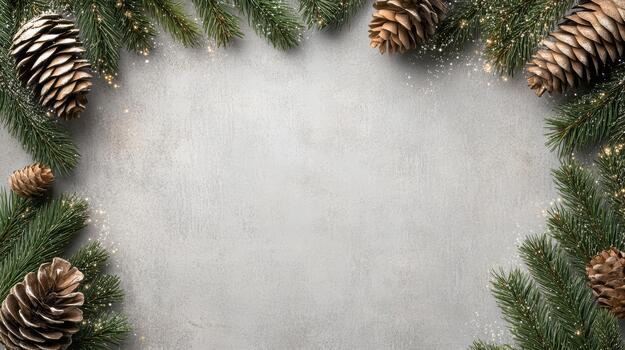 Evergreen pine wreath sparkle with pinecone border and soft festive glow photo