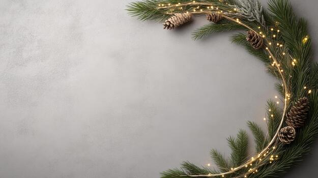 Festive pine wreath with warm fairy lights and pinecones on textured gray background photo