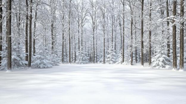Snowy forest clearing winter trees frosty branches serene atmosphere photo