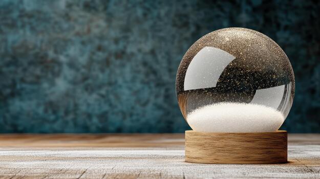 Globe snow globe on wooden base with falling snow and cozy atmosphere photo