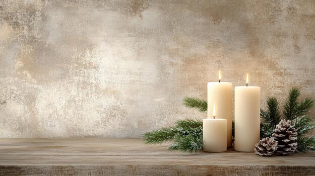 rústico invierno vela arreglo con pino ramas y escarchado piña creando acogedor atmósfera foto