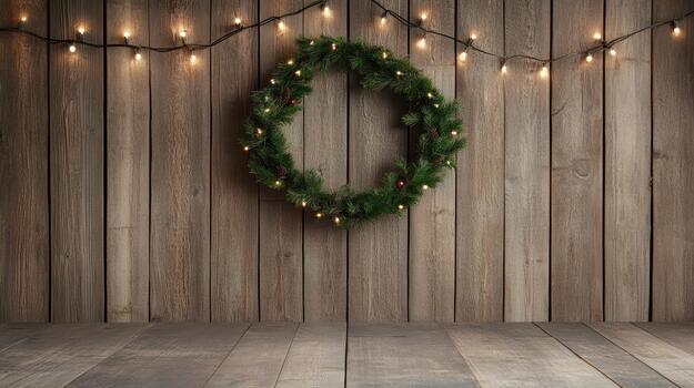 Cozy illuminated winter wreath on rustic wooden wall with warm string lights photo