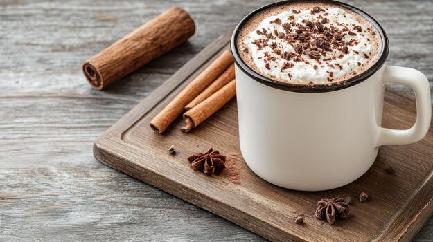 Rustic cocoa mug with creamy whipped topping and cinnamon spice aroma photo