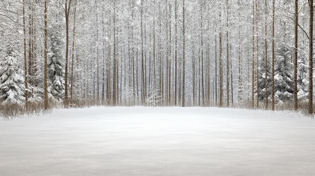 Snowy pine forest clearing with tall bare trunks and sparkling winter light photo