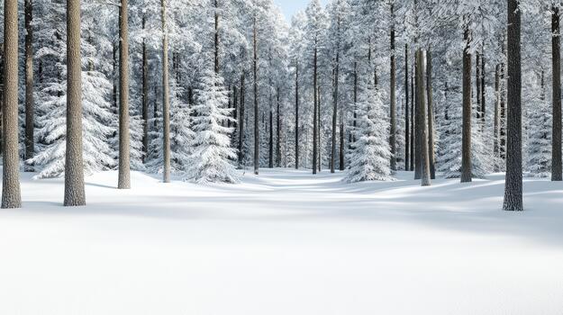 Snowy forest path lined with tall pine trees and soft snow drifts, tranquil winter light photo