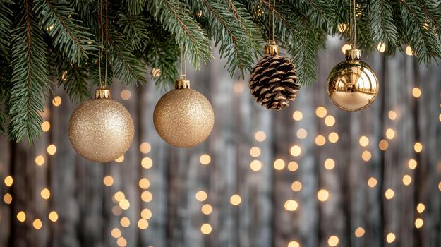 dorado Navidad adornos y pino rama con calentar bokeh luces foto