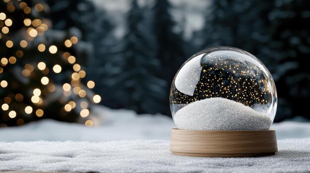 Snow globe snow wood base winter bokeh lights forest evergreen snowflake festive photo
