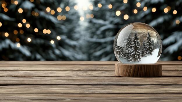 Cozy snow globe with evergreen trees wooden base, warm bokeh lights and snowy forest reflection photo
