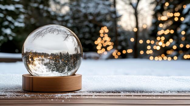 Snow globe winter reflection cozy snowy forest with warm bokeh lights photo