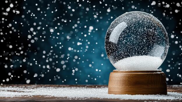 Snow globe with swirling sparkling snow on wooden base, festive winter mood photo