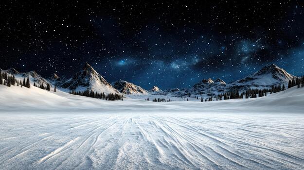 Snowy mountain valley under starry sky with distant pine tree silhouette and serene glow photo