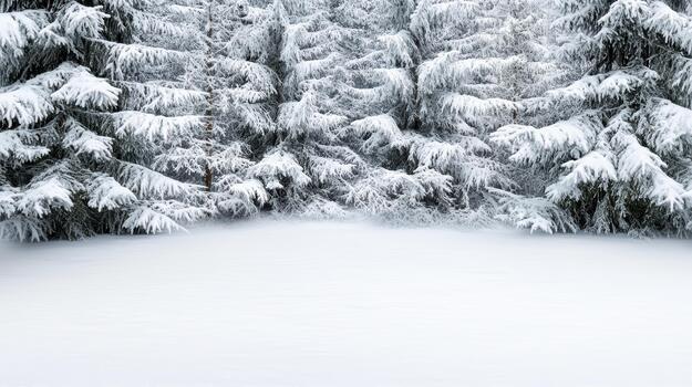 Snowy evergreen forest clearing with frost covered branches and serene winter calm photo