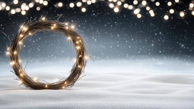 nieve cubierto guirnalda brillante con calentar cuerda luces en Nevado noche foto