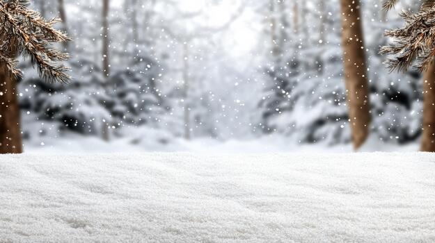 Snowy forest clearing with soft falling snowflakes, peaceful winter light photo