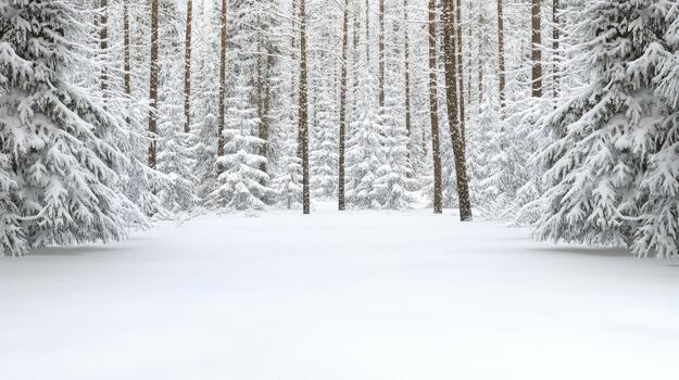 Snowy forest clearing with tall pine trees and fresh snowfall creating serene winter calm photo