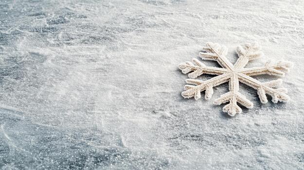 Frosted snowflake ornament on icy surface, delicate winter texture and soft light photo