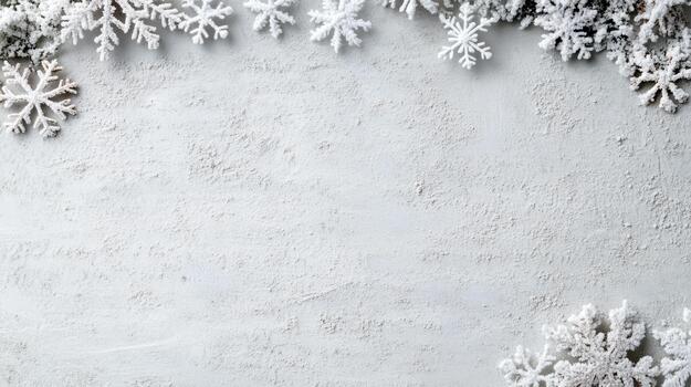 Snowflake decoration winter background with frosty branches and textured snow surface photo