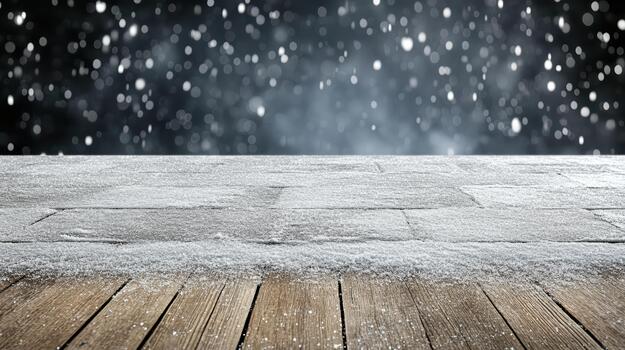 Snowy wooden floor with frosty bokeh lights creating cold festive atmosphere photo