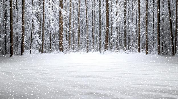 Snowy forest scene with tall pine tree trunks and falling glittering snowflakes, serene winter photo