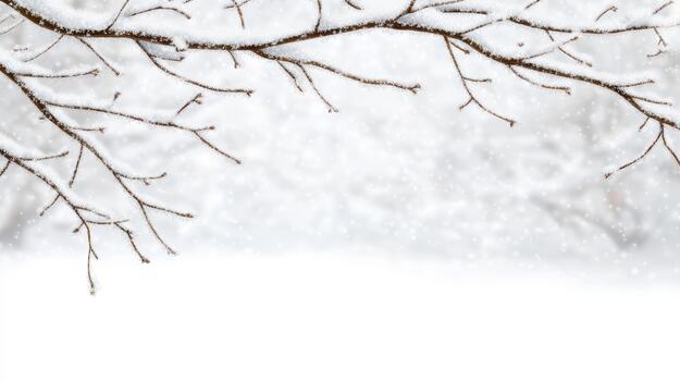 Snowy tree branch with delicate frost and falling snow creating peaceful winter atmosphere photo