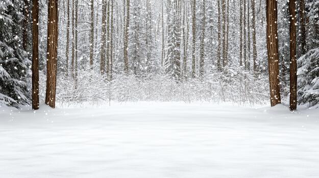 Snowy forest clearing with tall pine trunks and shimmering falling snowflakes, serene winter photo