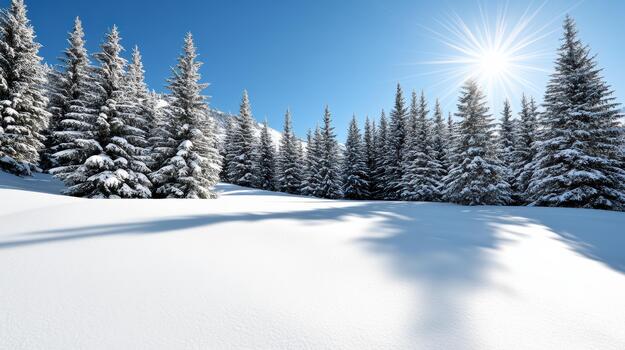 Nevado pino bosque debajo brillante invierno Dom con espumoso nieve y largo árbol oscuridad foto
