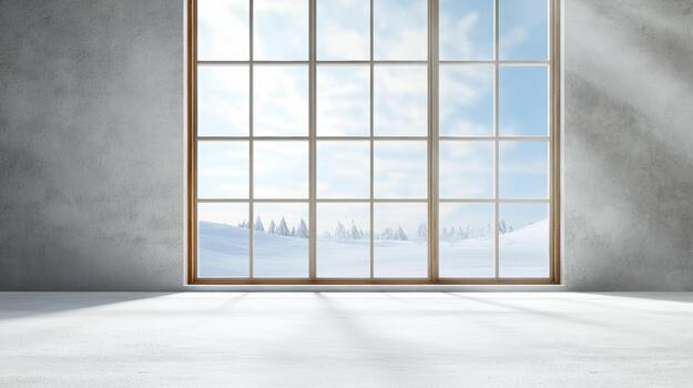 Snowy window view with frosted landscape and soft winter light, serene and crisp photo