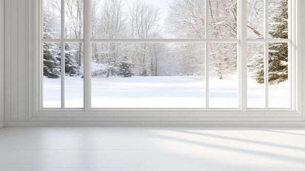 Snowy window view winter landscape frosted trees snow covered field serene light photo