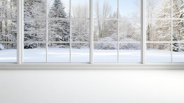 Snowy window view with frosted trees and calm winter light photo