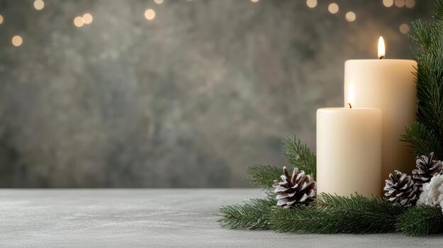 Two candles and a fir branch on a table with a christmas tree photo
