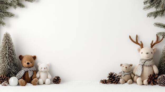 Christmas frame with teddy bears and fir trees photo