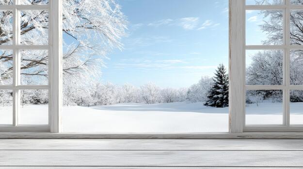 invierno paisaje ver desde un abierto ventana foto