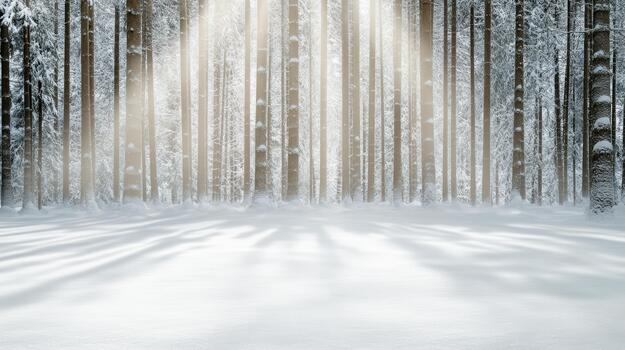 Winter forest with sun rays in the snow photo