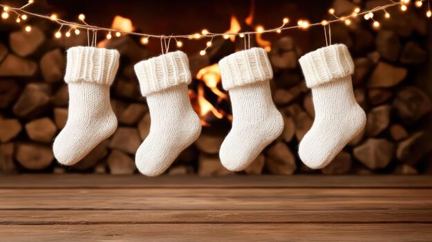 Tres blanco calcetines colgando desde un cuerda por un hogar foto