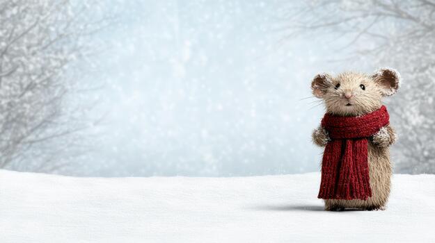 Tiny mouse with oversized red scarf in snowy forest, whimsical winter scene photo