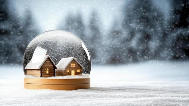 Tiny snowy town snow globe with glowing cabin windows creating cozy winter mood photo