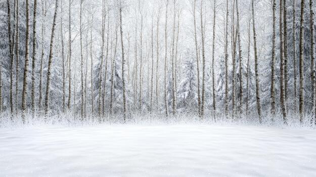 Snowy birch forest clearing with frost covered trees and soft winter light photo