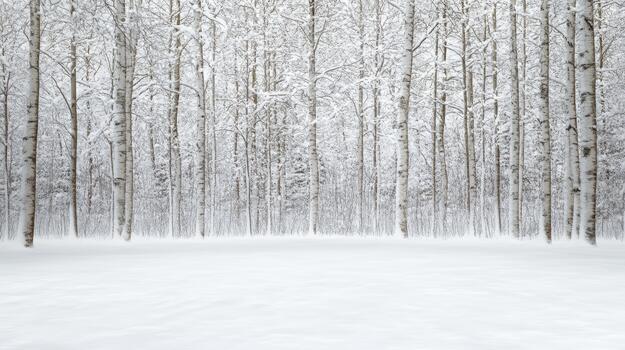 Snowy birch forest with frosted trees and serene white landscape photo