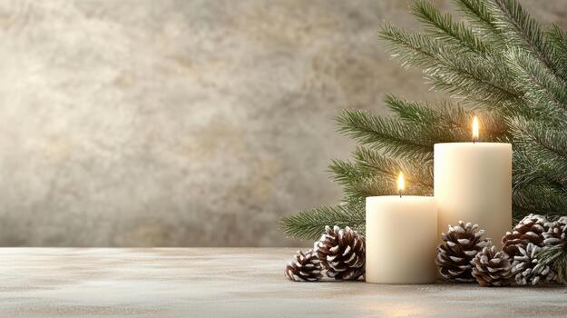 Warm candle glow with frosted pine cones and evergreen branch on wooden table photo