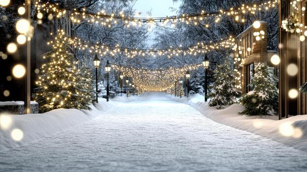 Snowy village street lined with lit evergreen trees and warm string lights, festive glow photo