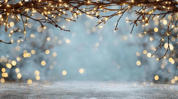 Sparkling winter branch with warm fairy lights and soft bokeh glow, cozy festive mood photo