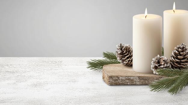 Winter candle centerpiece with pine cone and fir branch on rustic wood photo