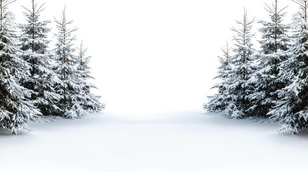 Snowy evergreen forest pathway with soft falling snow and serene winter light photo