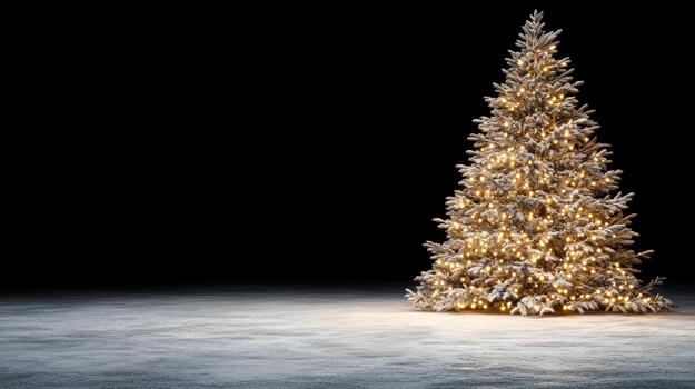 Snowy Christmas tree glowing with warm lights in empty dark space photo