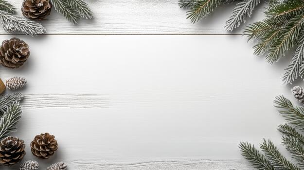 Frosted pine branch wreath winter holiday frame with pinecone and snowy texture, cozy scene photo