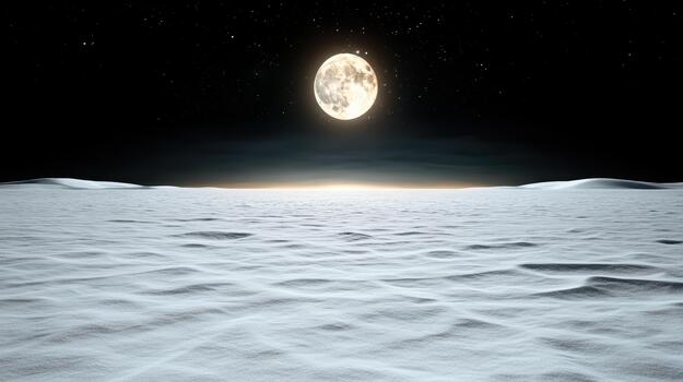 Moonlit lunar plain under starry sky with soft glowing horizon and serene atmosphere photo