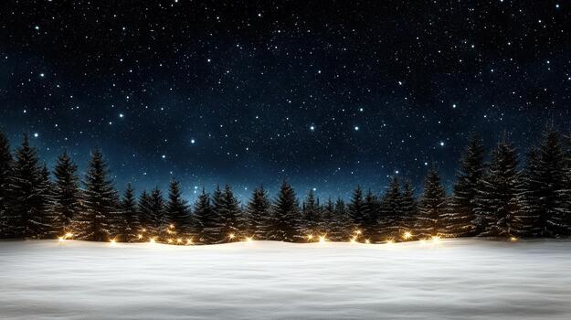Snowy field night with twinkling stars and warm string lights along fir tree line, peaceful mood photo