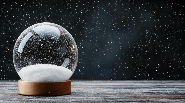 Glowing glass snow globe on wooden base with falling snow and soft dark background photo
