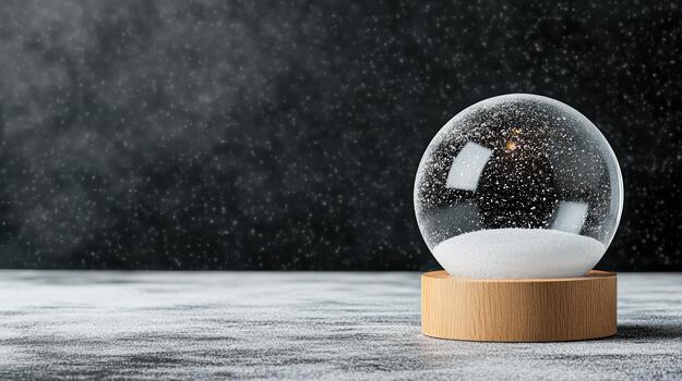 Snow globe wooden base winter snow scene with soft glowing reflection and falling snow photo
